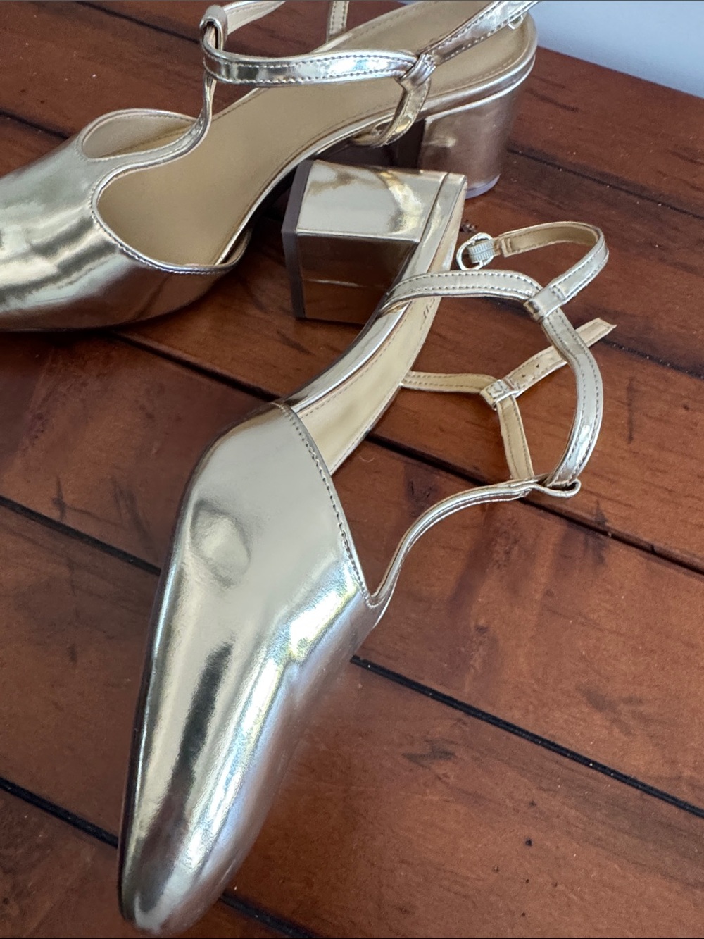J. Crew Metallic Gold T-Strap Slingback Heels - Picture 2 of 4